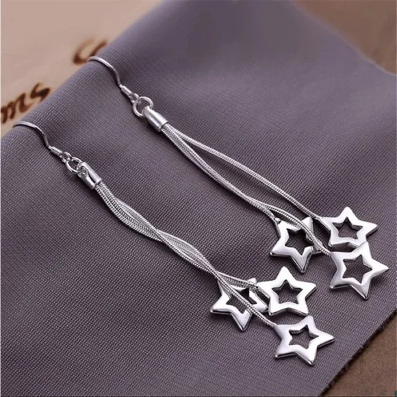 Sterling Silver Star Dangle Earrings - Picture 2 of 3